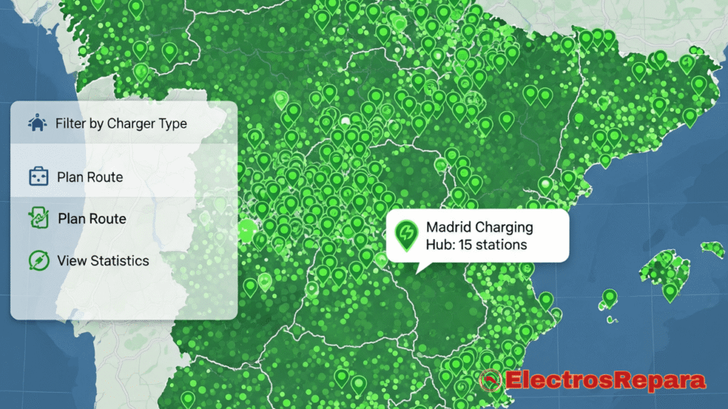 Un mapa interactivo de España salpicado de numerosos puntos verdes, representando la creciente red de puntos de carga para coche eléctrico. Esta visualización demuestra la expansión de la infraestructura, facilitando la planificación de rutas para viajes largos y disipando la ansiedad por la autonomía.