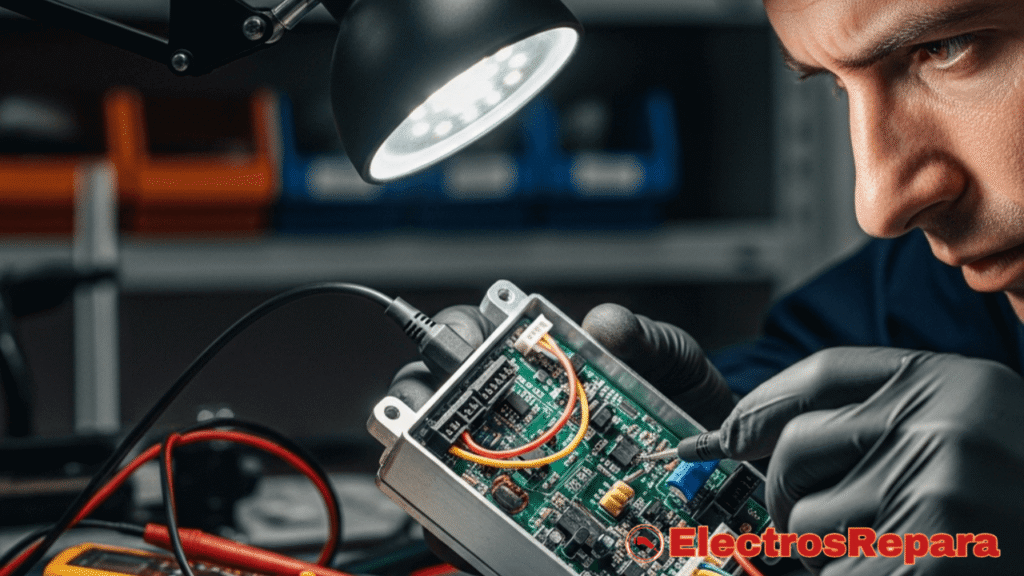 Manos a la obra: un técnico inspecciona un controlador de patinete eléctrico, buscando señales de fallo o preparando su sustitución.