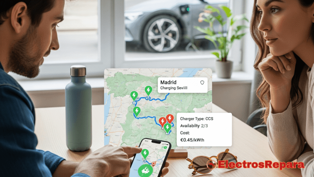 planificación de rutas para coche eléctrico en un dispositivo móvil, con un mapa de España que muestra puntos de carga. La imagen ilustra la importancia de la preparación y el uso de herramientas digitales para optimizar los viajes largos en coche eléctrico, asegurando paradas de carga eficientes.
