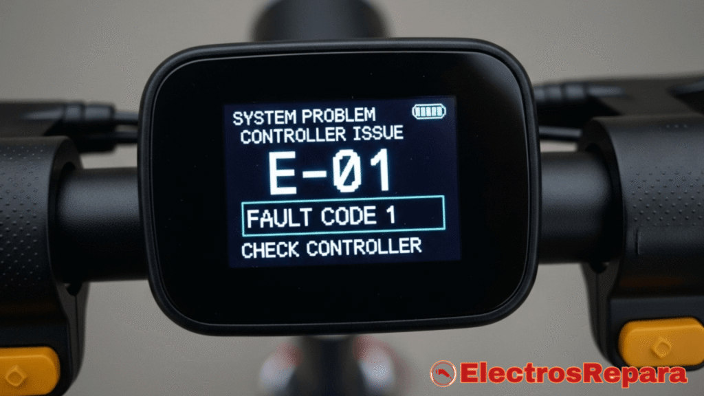 La señal de alerta: un display de patinete eléctrico mostrando un código de error, indicando un posible problema en el sistema, a menudo relacionado con el controlador.