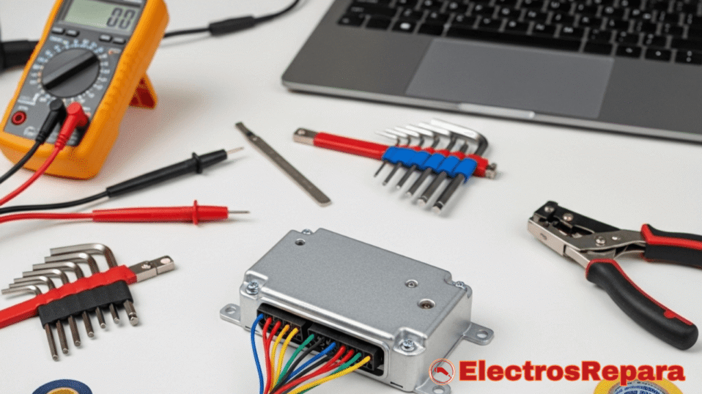 El kit de supervivencia: un controlador de patinete eléctrico junto a las herramientas esenciales para su diagnóstico y sustitución, listo para devolver la vida a tu vehículo.