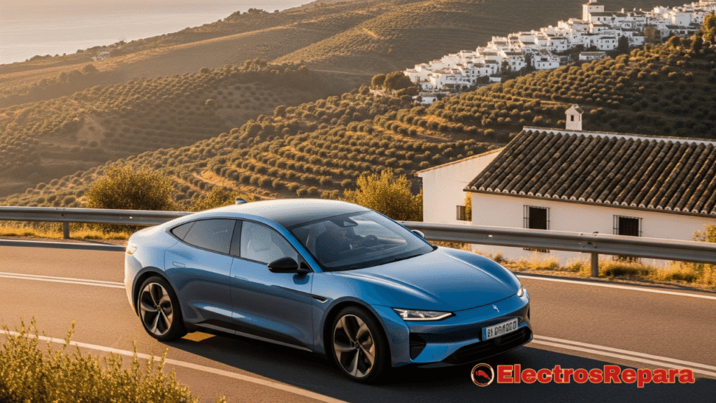 Una imagen impactante y dinámica que muestra un coche eléctrico moderno en primer plano, circulando por una carretera escénica en España, con un paisaje característico de fondo. La iluminación es brillante y el coche se ve elegante, simbolizando la libertad y la sostenibilidad de los viajes largos en vehículos eléctricos. El título del artículo podría superponerse sutilmente, reforzando el tema de la preparación y el disfrute del viaje