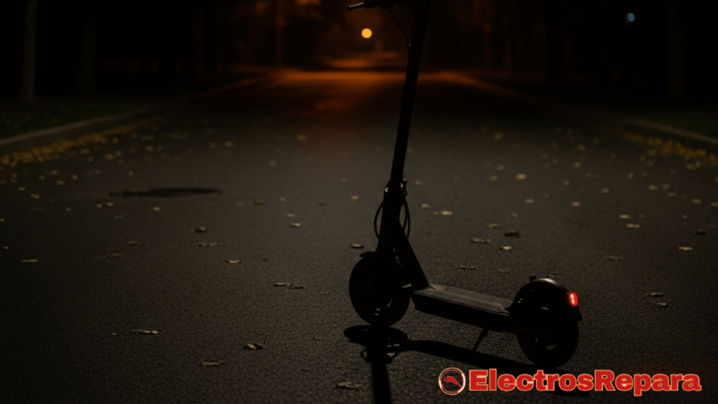 Un patinete eléctrico se encuentra completamente a oscuras en medio de una calle nocturna. Sus luces en patinetes eléctricos están apagadas, creando una atmósfera de peligro y evidenciando la falta total de visibilidad. La negrura circundante acentúa la silueta del vehículo..