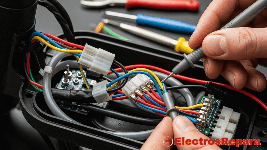 Un primer plano enfocado en las manos de una persona que inspecciona el complejo cableado expuesto de un patinete eléctrico. Aunque no se vean directamente encendidas, este cableado es esencial para el funcionamiento de las luces en patinetes eléctricos, así como para otros componentes. En el fondo, diversas herramientas de reparación sugieren un proceso de mantenimiento o solución de problemas.