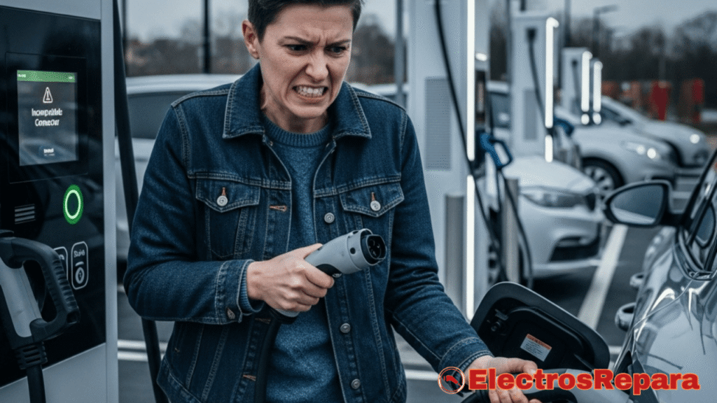 Un conductor frustrado intentando conectar un cable de carga incompatible a su coche eléctrico en un punto de carga público. La expresión facial del conductor muestra confusión y enojo. Palabra clave: cargador publico no funciona"