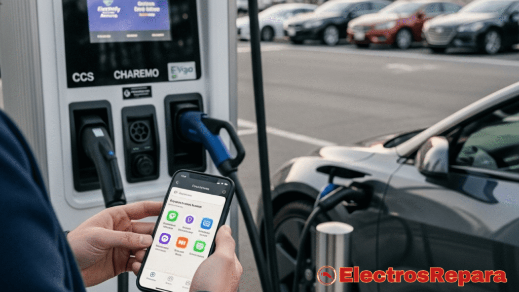 Una estación de carga pública con múltiples tipos de conectores (CCS, CHAdeMO, Tipo 2) y una persona utilizando una aplicación móvil en su smartphone para activar la carga. Se ven iconos de diferentes aplicaciones de carga en la pantalla del teléfono