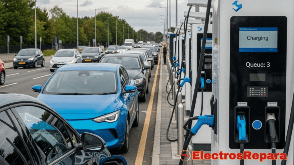 Un coche eléctrico esperando en fila detrás de otros vehículos en un punto de carga público concurrido, sugiriendo escasez de estaciones o alta demanda.