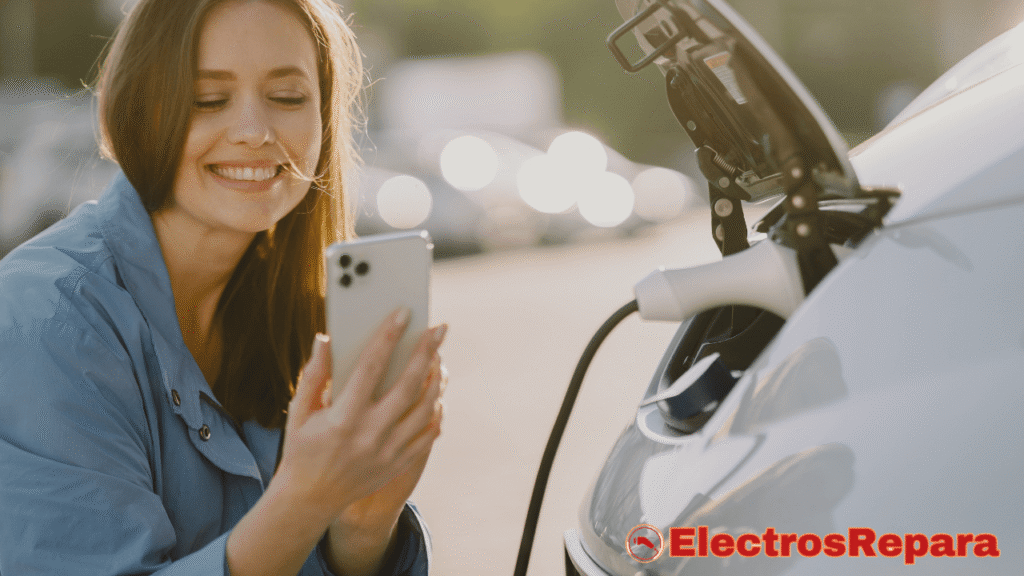 Un coche eléctrico moderno cargándose exitosamente en un punto de carga público, con el cable conectado correctamente y luces indicadoras verdes. El conductor sonríe satisfecho