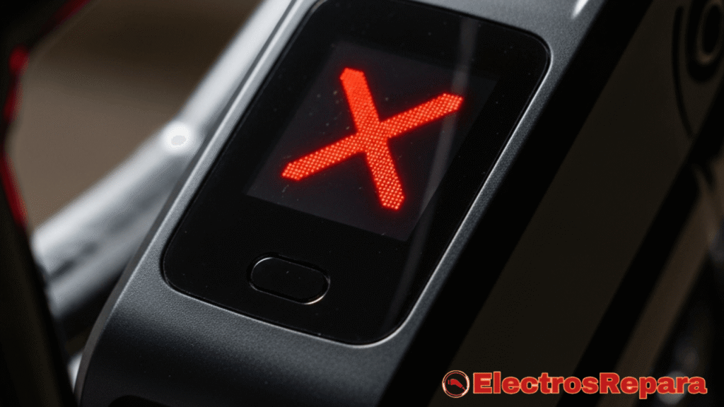 una imagen de Una batería de bicicleta eléctrica con una 'X' roja, indicando un problema o baja carga. Transmite una sensación de mal funcionamiento o pérdida de energía.