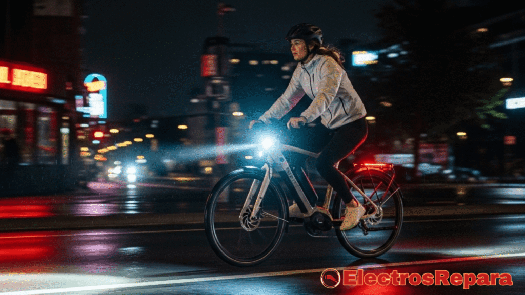 La imagen muestra a una mujer conduciendo una bicicleta eléctrica por la noche. Las luces delantera y trasera de la bicicleta brillan intensamente, iluminando el camino y haciendo visible a la ciclista. Esta escena resalta la importancia de Mantén tu bici iluminada y segura!, especialmente al pedalear en condiciones de baja visibilidad.