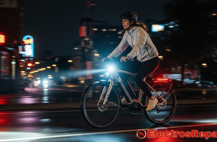 La imagen muestra a una mujer conduciendo una bicicleta eléctrica por la noche. Las luces delantera y trasera de la bicicleta brillan intensamente, iluminando el camino y haciendo visible a la ciclista. Esta escena resalta la importancia de Mantén tu bici iluminada y segura!, especialmente al pedalear en condiciones de baja visibilidad.
