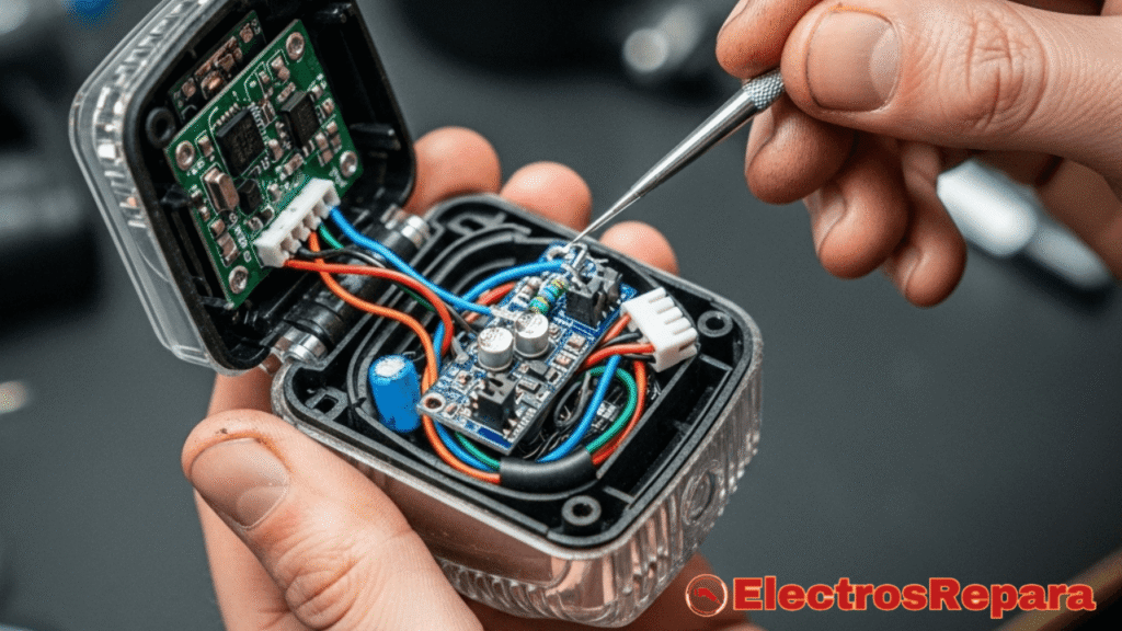 Una persona (o un par de manos) examinando de cerca el cableado o los componentes de la luz de una e-bike, ilustrando el proceso de diagnóstico de fallas.
