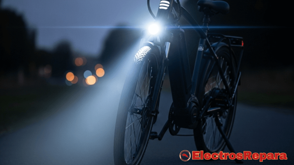 Una bicicleta eléctrica con su luz delantera encendida, proyectando un haz de luz claro y brillante, simbolizando el correcto funcionamiento y la seguridad.