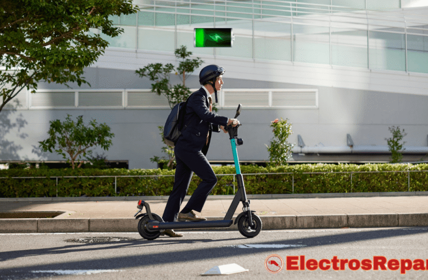 Esta imagen muestra a un hombre en traje y casco conduciendo un patinete eléctrico por una acera de la ciudad. Se observa un indicador de batería con carga casi completa en la parte superior derecha, lo que enfatiza la importancia de las Baterías para Patinete Eléctrico en su funcionamiento. El entorno sugiere un área urbana con edificios y árboles.