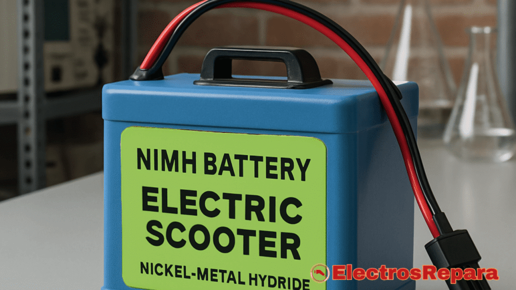 La imagen muestra de cerca una batería de patinete eléctrico de color azul, con una etiqueta prominente de color verde brillante que indica "NIMH BATTERY ELECTRIC SCOOTER NICKEL-METAL HYDRIDE". La batería tiene un asa negra en la parte superior y un cable rojo y negro con un conector en el extremo, diseñado para la alimentación del patinete. El fondo es un tanto borroso, sugiriendo un entorno de taller o laboratorio con estanterías y equipos. Esta imagen resalta un tipo específico de Baterías para Patinete Eléctrico, las de hidruro metálico de níquel (NiMH).