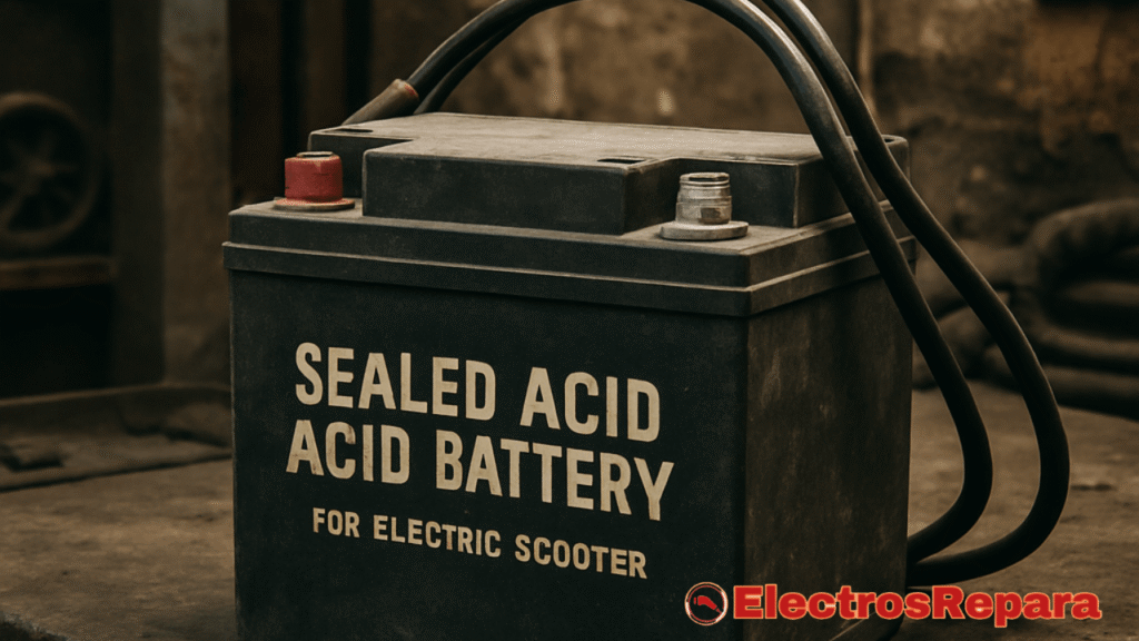 La imagen muestra una batería sellada de ácido de color oscuro, diseñada específicamente "FOR ELECTRIC SCOOTER", como indica el texto en blanco en su parte frontal. Se pueden apreciar los dos bornes de la batería en la parte superior, uno con un capuchón rojo y otro gris, junto con los cables de conexión gruesos. El fondo es oscuro y difuso, sugiriendo un entorno de taller o almacenamiento, lo que centra la atención en la batería misma, un tipo de Baterías para Patinete Eléctrico.