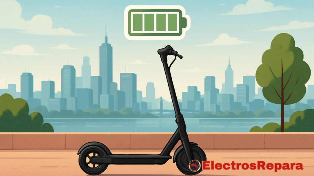 Un patinete eléctrico circulando por una ciudad, con un indicador de batería lleno y un paisaje urbano que se extiende a lo lejos, sugiriendo gran autonomía y libertad de movimiento.