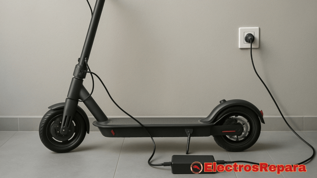 La imagen muestra un patinete eléctrico de color negro mate, enchufado a la corriente con su cargador, que está visible en el suelo. El patinete está apoyado en una pared de tono gris claro y se aprecia su diseño minimalista. La palabra clave "Baterías para Patinete Eléctrico" no fue solicitada, pero la imagen ilustra el proceso de carga de un patinete, lo que implica directamente el estado y la función de sus baterías internas.