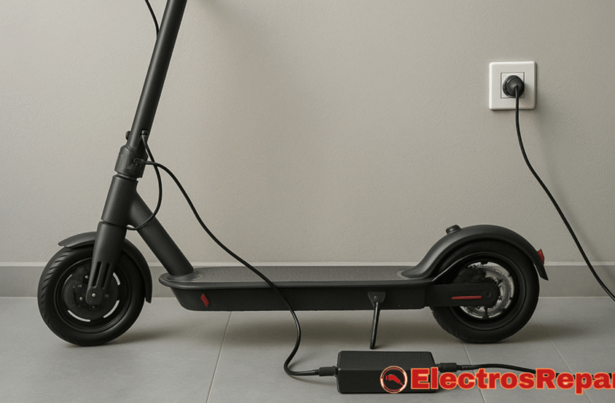 La imagen muestra un patinete eléctrico de color negro mate, enchufado a la corriente con su cargador, que está visible en el suelo. El patinete está apoyado en una pared de tono gris claro y se aprecia su diseño minimalista. La palabra clave "Baterías para Patinete Eléctrico" no fue solicitada, pero la imagen ilustra el proceso de carga de un patinete, lo que implica directamente el estado y la función de sus baterías internas.