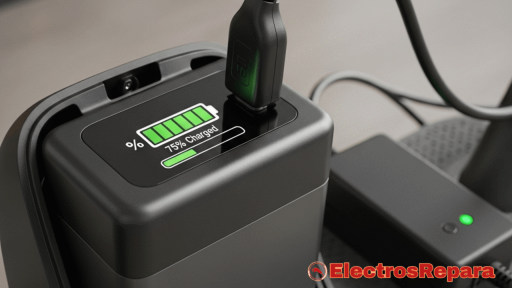 Una imagen que muestra un cargador conectado a la Batería Patinete Eléctrico, con un indicador de carga que muestra el progreso. Ideal para ilustrar la sección de carga.