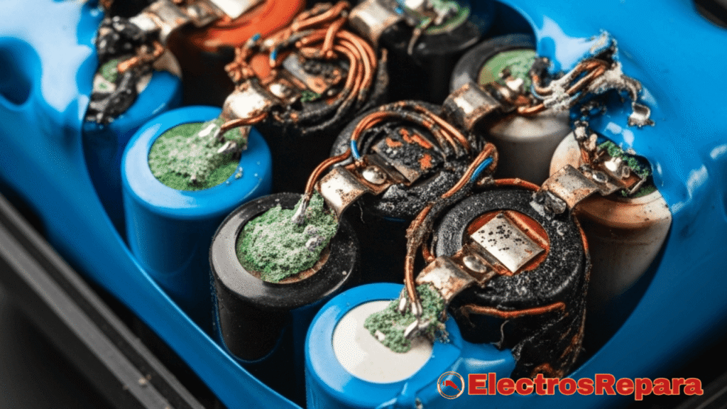 Una imagen de una Batería Patinete Eléctrico con signos de daño o desgaste, como hinchazón o cables expuestos, para representar los problemas comunes y la degradación.