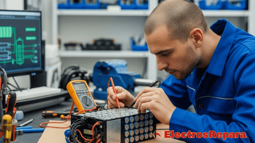 Una imagen de un técnico o una persona realizando un diagnóstico o reparación en una Batería Patinete Eléctrico, utilizando herramientas como un multímetro, simbolizando las soluciones y el mantenimiento.