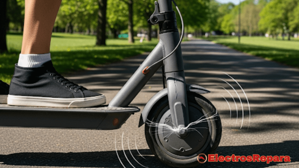 Un patinete eléctrico en un entorno exterior (parque, calle), con una persona (parcialmente visible o solo sus piernas) montándolo. El patinete debería tener un aspecto que sugiera un crujido, quizás con una parte del chasis ligeramente desalineada o con efectos visuales sutiles de "tensión" o "fricción". El ambiente podría ser soleado y normal, contrastando con el problema del patinete.

