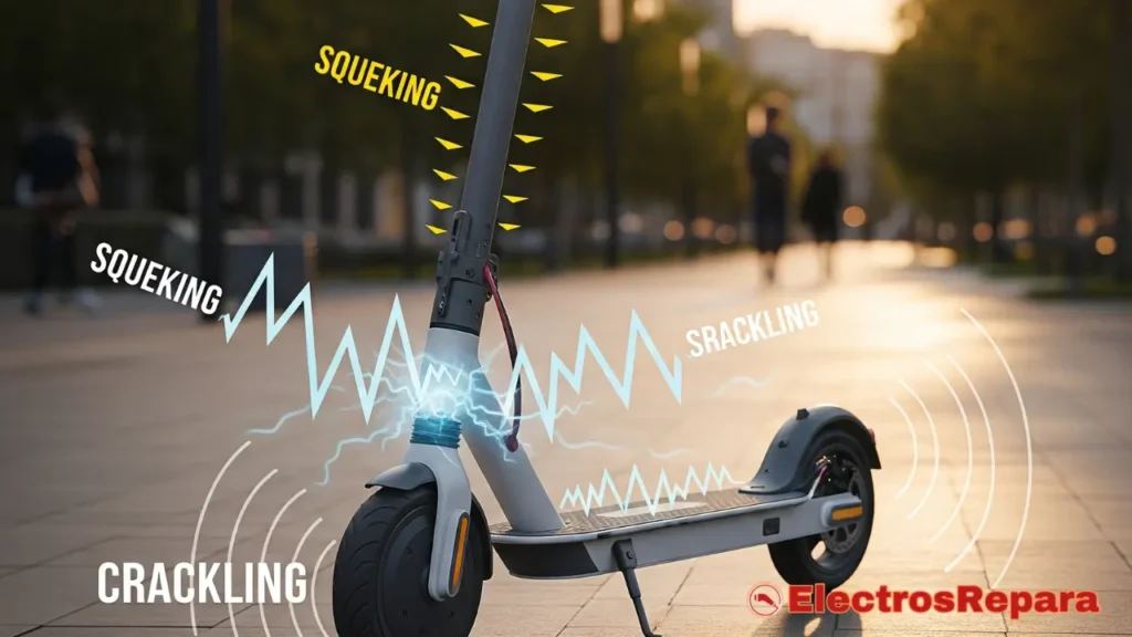Un patinete eléctrico moderno, de color blanco o gris, con líneas de sonido o vibraciones visuales emanando de diferentes partes (ruedas, motor, manillar). Podría mostrar un efecto de "crujido" o "chirrido" representado gráficamente, similar a una onomatopeya visual. El fondo podría ser un entorno urbano o un camino, sugiriendo el uso diario.