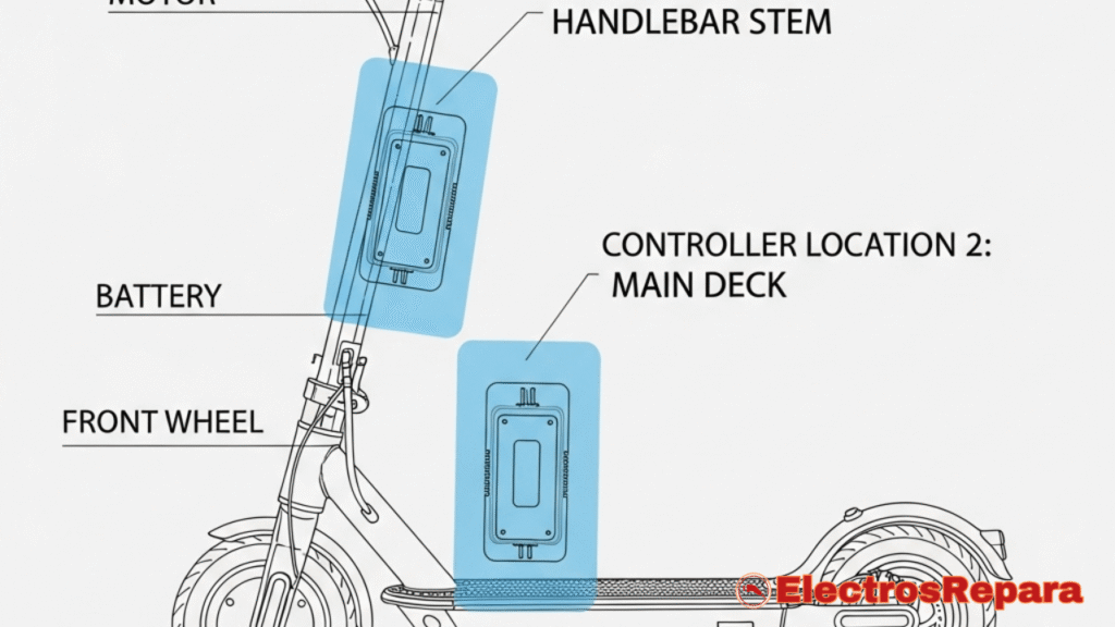 "Una superposición transparente en un diagrama de un patinete eléctrico, destacando las ubicaciones típicas del controlador: dentro del vástago del manillar y dentro de la plataforma principal. Las áreas resaltadas deben ser distintas e indicar claramente la ubicación del controlador. Estilo de dibujo técnico, líneas limpias."