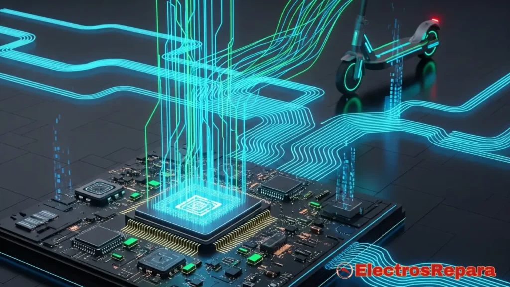 "Un circuito electrónico futurista y detallado, representando un controlador de patinete, con vías neuronales luminosas que se extienden desde él, conectándose a un patinete eléctrico estilizado en el fondo. El circuito debe ser central y aparecer como el 'cerebro' del patinete. Estilo de alta tecnología, limpio e ilustrativo."