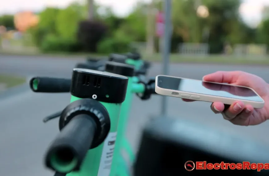 La imagen muestra la mano de una persona sosteniendo un smartphone, apuntándolo hacia el manillar de un patinete eléctrico de color verde brillante. El smartphone tiene una funda de color claro y la pantalla no es claramente visible para confirmar la aplicación. Sin embargo, en el contexto de la conectividad de patinetes, la persona podría estar intentando interactuar con la App Mi Home u otra aplicación de gestión de patinetes para activar o desbloquear el vehículo. La zona de la pantalla del patinete, que es negra, es visible en la parte superior del manillar. Al fondo, otros patinetes verdes aparecen difuminados, y se percibe follaje que sugiere un entorno exterior, posiblemente urbano o un parque.