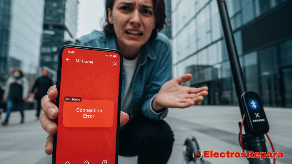 Una persona frustrada intentando conectar un patinete eléctrico Xiaomi a su smartphone, con la aplicación Mi Home abierta en la pantalla mostrando un error de conexión. El fondo es un entorno urbano moderno. La imagen enfatiza la sensación de molestia y dificultad técnica.