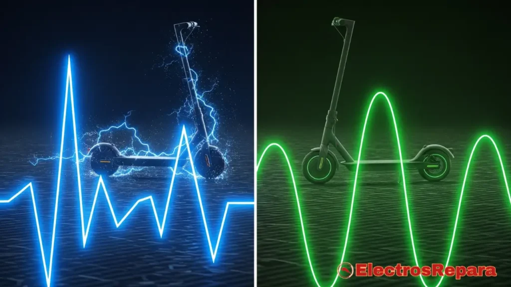 "Una imagen dividida. A la izquierda, un patrón de onda cuadrada áspero y dentado con un patinete eléctrico ligeramente ruidoso en el fondo, representando un controlador de onda cuadrada. A la derecha, un patrón de onda senoidal suave y fluido con un patinete eléctrico elegante y silencioso en el fondo, representando un controlador de onda senoidal. El contraste debe ser claro y visualmente distinto."