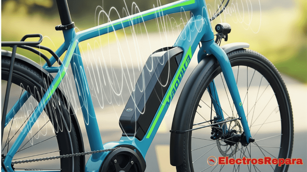 Una bicicleta eléctrica moderna y limpia en primer plano, con un fondo ligeramente desenfocado que sugiere un entorno de carretera o sendero. Un efecto visual sutil de ondas de sonido o vibraciones emergiendo de la bicicleta, simbolizando los ruidos. La imagen debe transmitir una sensación de dinamismo y la promesa de una solución a los problemas de ruido. Colores vibrantes y un enfoque nítido en la bicicleta para captar la atención.