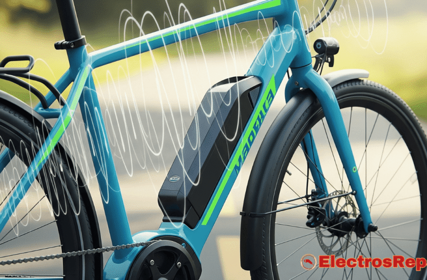 Una bicicleta eléctrica moderna y limpia en primer plano, con un fondo ligeramente desenfocado que sugiere un entorno de carretera o sendero. Un efecto visual sutil de ondas de sonido o vibraciones emergiendo de la bicicleta, simbolizando los ruidos. La imagen debe transmitir una sensación de dinamismo y la promesa de una solución a los problemas de ruido. Colores vibrantes y un enfoque nítido en la bicicleta para captar la atención.