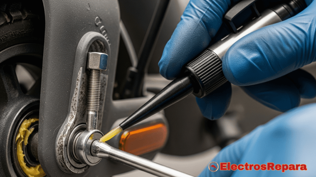 Primer plano de unas manos (podrían ser enguantadas) aplicando lubricante o ajustando una pieza en el patinete eléctrico. El enfoque principal debe ser la acción de solucionar el ruido. Podría ser en la zona de los rodamientos de la rueda, o ajustando un tornillo en el manillar. La iluminación debe ser clara y detallada.