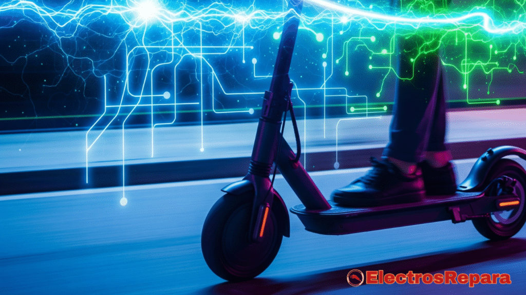 "Una imagen impactante y dinámica que combine elementos de un patinete eléctrico en movimiento con representaciones visuales de circuitos electrónicos y flujos de energía. Podría ser un patinete eléctrico en primer plano, con un efecto de luz o energía que emana de la zona donde se ubica el controlador, conectándose visualmente con un diagrama de circuito abstracto o una red neuronal superpuesta en el fondo. Los colores deben ser vibrantes y transmitir modernidad y tecnología. El objetivo es captar la atención y comunicar que el artículo trata sobre el componente central e inteligente del patinete."
