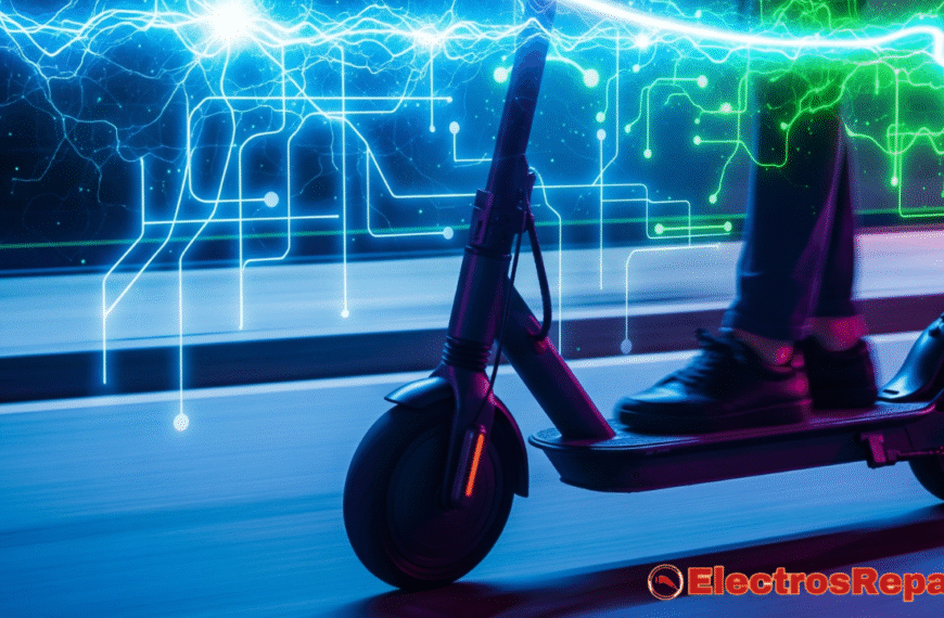 "Una imagen impactante y dinámica que combine elementos de un patinete eléctrico en movimiento con representaciones visuales de circuitos electrónicos y flujos de energía. Podría ser un patinete eléctrico en primer plano, con un efecto de luz o energía que emana de la zona donde se ubica el controlador, conectándose visualmente con un diagrama de circuito abstracto o una red neuronal superpuesta en el fondo. Los colores deben ser vibrantes y transmitir modernidad y tecnología. El objetivo es captar la atención y comunicar que el artículo trata sobre el componente central e inteligente del patinete."