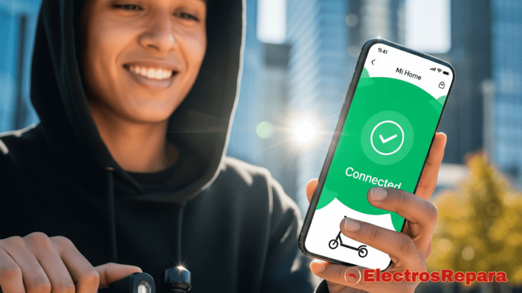 Una persona feliz conectando exitosamente su patinete eléctrico Xiaomi a la aplicación Mi Home en su smartphone, mostrando una pantalla de conexión exitosa con marcas de verificación verdes y el estado de conectado. La persona sonríe con alivio y satisfacción. El fondo es un entorno urbano moderno con iluminación brillante y positiva.