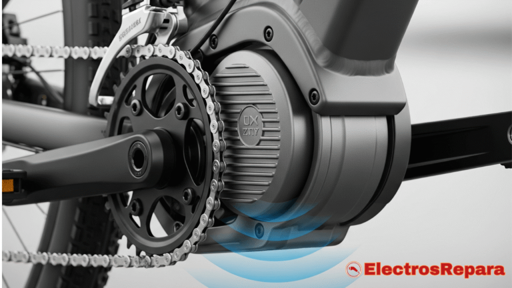 Primer plano de un motor de bicicleta eléctrica (e-bike) con un efecto visual sutil que sugiera vibración o un sonido molesto, como ondas de sonido o un ligero desenfoque. El motor debe verse integrado en el cuadro de la bicicleta. Estilo técnico, con un enfoque en el detalle del motor.