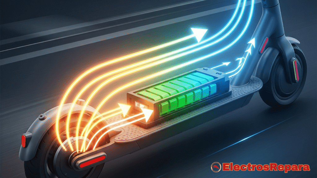 Representación visual del frenado regenerativo en un patinete eléctrico, con flechas de energía fluyendo del motor a la batería durante la desaceleración. Estilo conceptual y moderno.