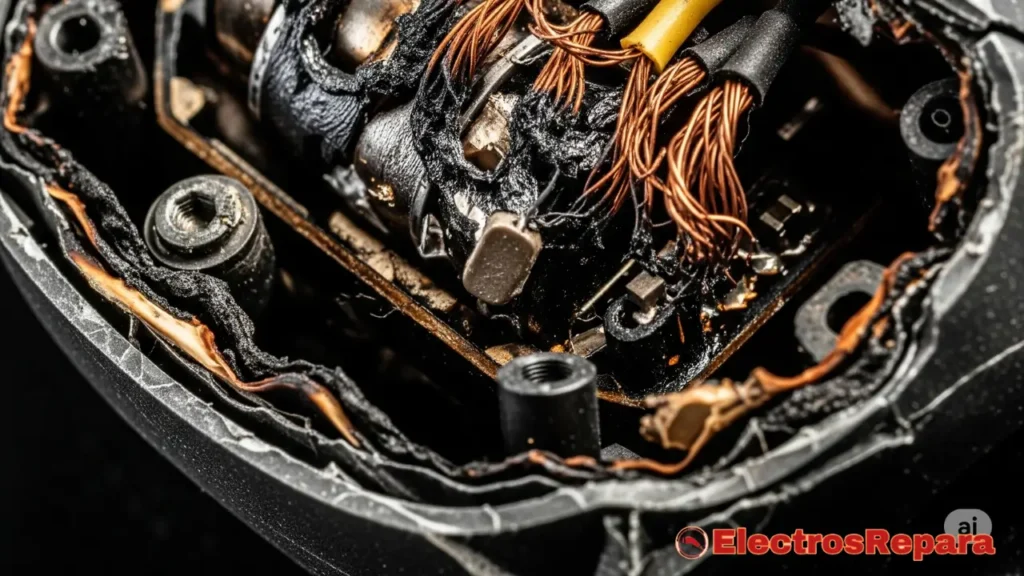 "Un primer plano de un controlador de patinete eléctrico dañado, mostrando signos de sobrecalentamiento (marcas quemadas), cables deshilachados y posiblemente una carcasa agrietada. La imagen debe transmitir una sensación de mal funcionamiento y desgaste. Iluminación realista, detallada y ligeramente dramática."
