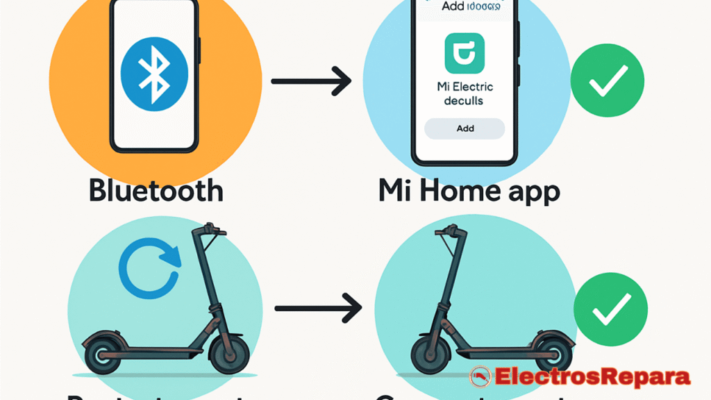 Una ilustración estilo infografía que muestra soluciones paso a paso para conectar un patinete eléctrico Xiaomi a la aplicación Mi Home. Incluye elementos visuales como: un smartphone con el icono de Bluetooth, la interfaz de la aplicación Mi Home, un patinete eléctrico, símbolos de reinicio y marcas de verificación para los pasos exitosos. El diseño es limpio y moderno con colores brillantes y una jerarquía visual clara.
