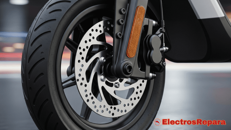 Un patinete eléctrico moderno en primer plano, con un enfoque visual en su sistema de frenado (podría ser un freno de disco o una representación sutil del frenado regenerativo). La imagen debe transmitir seguridad y tecnología, con un fondo que sugiera movimiento o un entorno urbano. El estilo debe ser fotorrealista y atractivo, invitando a los lectores a explorar los "Sistemas de Frenado en Patinetes Eléctricos".