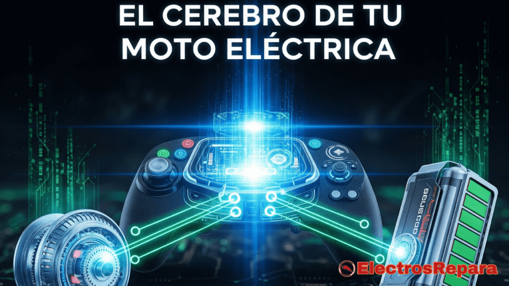 Una imagen impactante que muestra un controlador de motocicleta eléctrica futurista en el centro, con líneas de luz azul y verde que emanan de él, conectándose a un motor y una batería estilizados en un fondo oscuro y tecnológico. El controlador debe brillar intensamente, simbolizando que es el 'cerebro' del vehículo, con el título 'El Cerebro de tu Moto Eléctrica' superpuesto en una tipografía moderna.