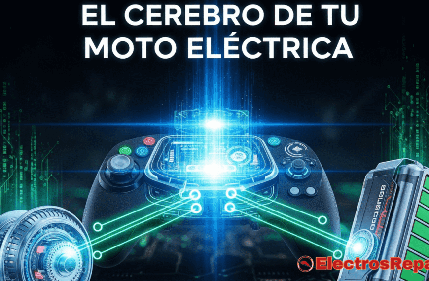 Una imagen impactante que muestra un controlador de motocicleta eléctrica futurista en el centro, con líneas de luz azul y verde que emanan de él, conectándose a un motor y una batería estilizados en un fondo oscuro y tecnológico. El controlador debe brillar intensamente, simbolizando que es el 'cerebro' del vehículo, con el título 'El Cerebro de tu Moto Eléctrica' superpuesto en una tipografía moderna.
