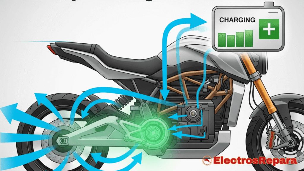 Una ilustración de una motocicleta eléctrica frenando. Se visualiza la energía cinética (representada como flechas de movimiento) fluyendo desde la rueda trasera hacia el motor, que ahora brilla con un color diferente. El controlador de motocicleta eléctrica intercepta esta energía y la redirige hacia la batería, que muestra un icono de 'carga' o '+'. Esto debe representar visualmente el concepto de recuperación de energía.