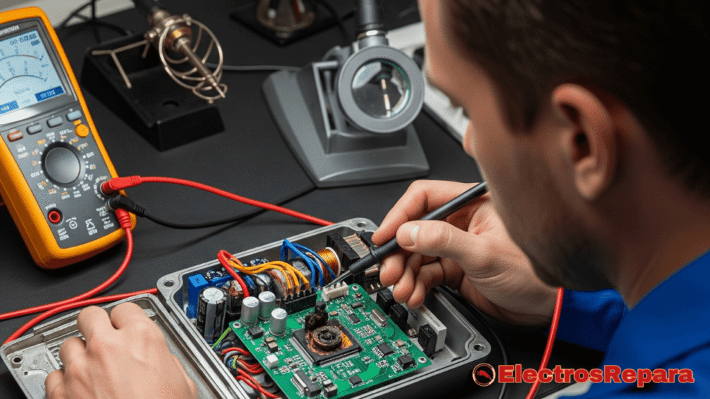 Un técnico experto, con herramientas de diagnóstico como un multímetro, examinando de cerca un controlador de motocicleta eléctrica abierto sobre un banco de trabajo. El controlador tiene un MOSFET visiblemente quemado (una pequeña marca oscura). La expresión del técnico es de concentración, transmitiendo profesionalismo y la capacidad de reparar estos componentes.