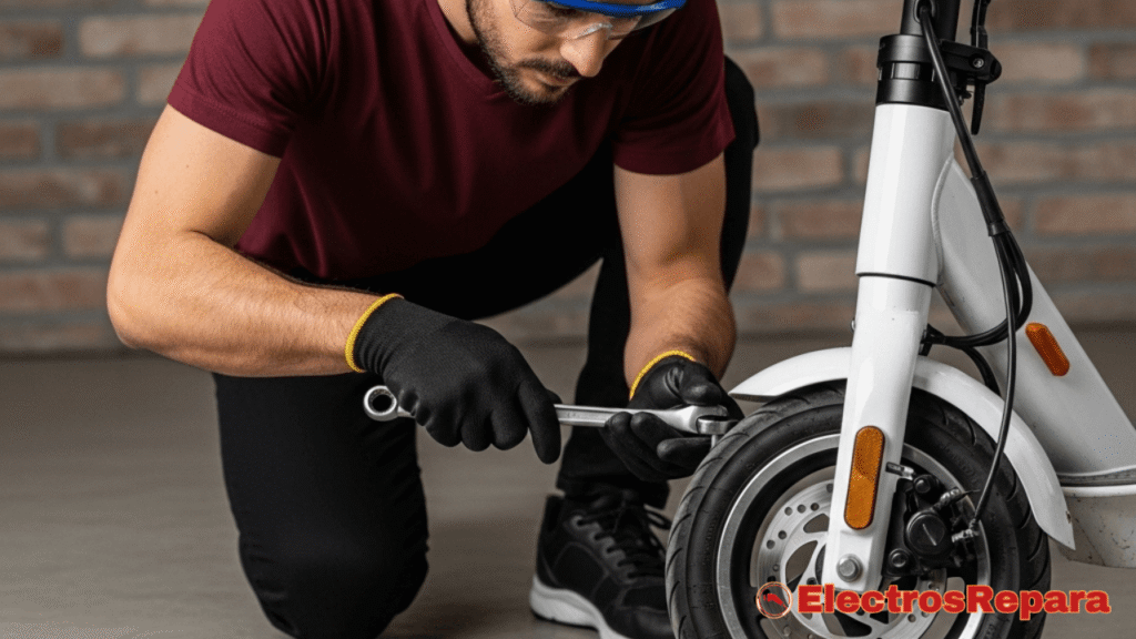 un imagen muestra a un hombre reparando un patinete eléctrico. Está arrodillado frente a la rueda delantera de un patinete blanco, utilizando una llave inglesa en lo que parece ser la tuerca del eje de la rueda.
El hombre lleva una camiseta de color vino tinto, guantes de trabajo de color negro y gafas de seguridad azules. Se pueden ver algunas herramientas, como destornilladores, en el suelo a su lado. El fondo es una pared de ladrillos, sugiriendo un garaje o taller.