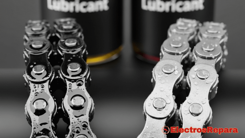 Dos cadenas de bicicleta eléctrica, una con lubricación de aceite (con un aspecto ligeramente más húmedo y brillante) y otra con lubricación de cera (con un acabado más mate y limpio), ilustrando las opciones para la lubricación de la cadena de tu bicicleta eléctrica. Ambas cadenas están en primer plano, permitiendo apreciar las diferencias visuales. Puede haber pequeñas botellas de lubricante de aceite y cera en el fondo, desenfocadas. Iluminación equilibrada.